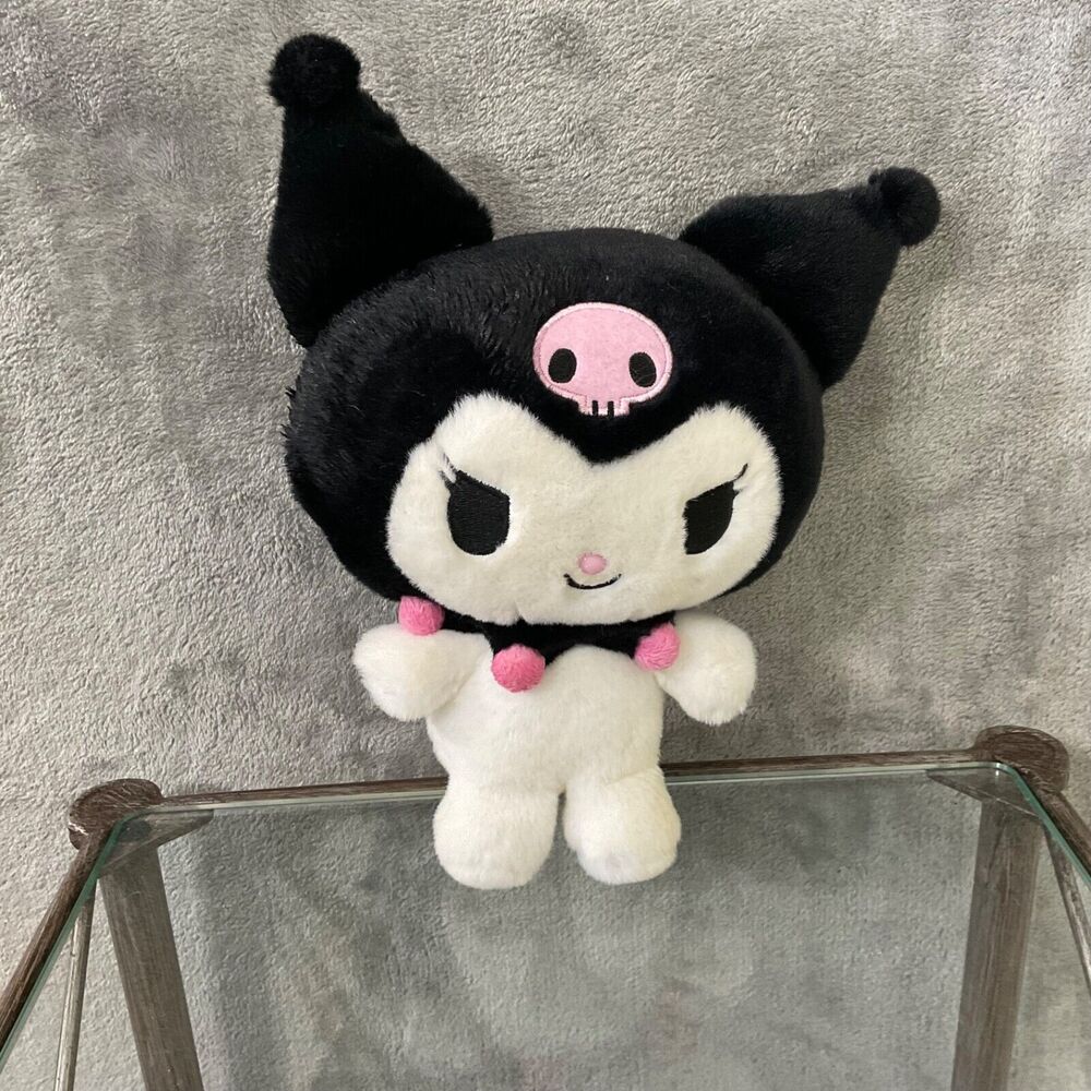 Sanrio Kuromi Black Pink skull Smile Cute Plush Toy black /pink collar 10”